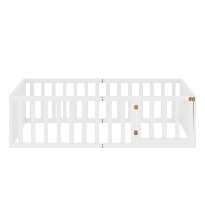 Harriet Bee Twin Size Wood Floor Bed Frame With Fence And Door, White